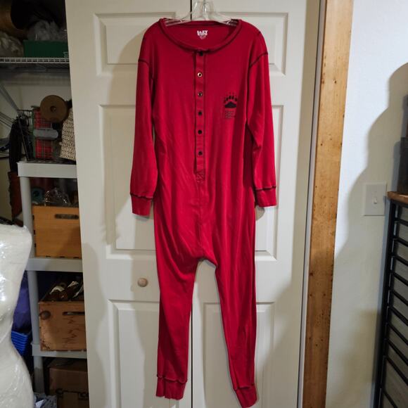 Lazy One Bear Bum Flapjack Pajamas XL Union Suit Romper Red Cotton Long Johns - Picture 1 of 10